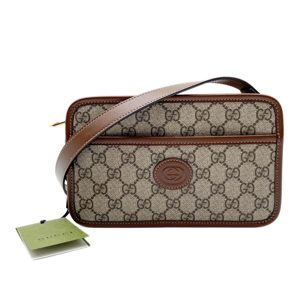 GUCCI Interlocking G Shoulder Bag Pochette GG Supreme 658572 Leather Brown Wo...